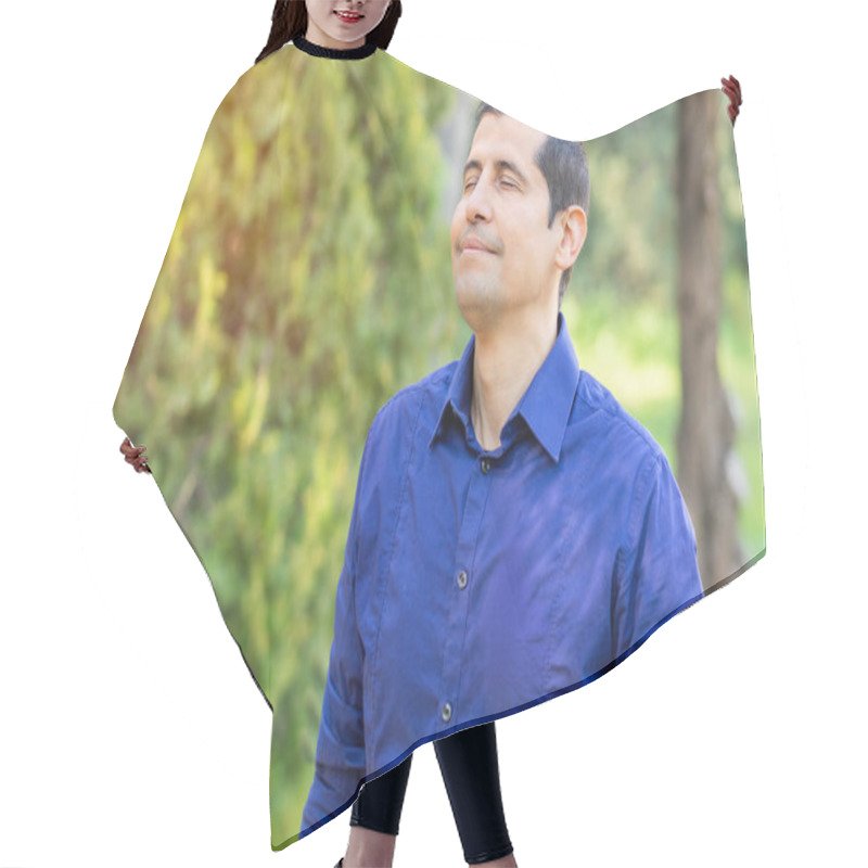 Personality  Relaxed Adult Man Breathing Fresh Air In A Forest Hair Cutting Cape