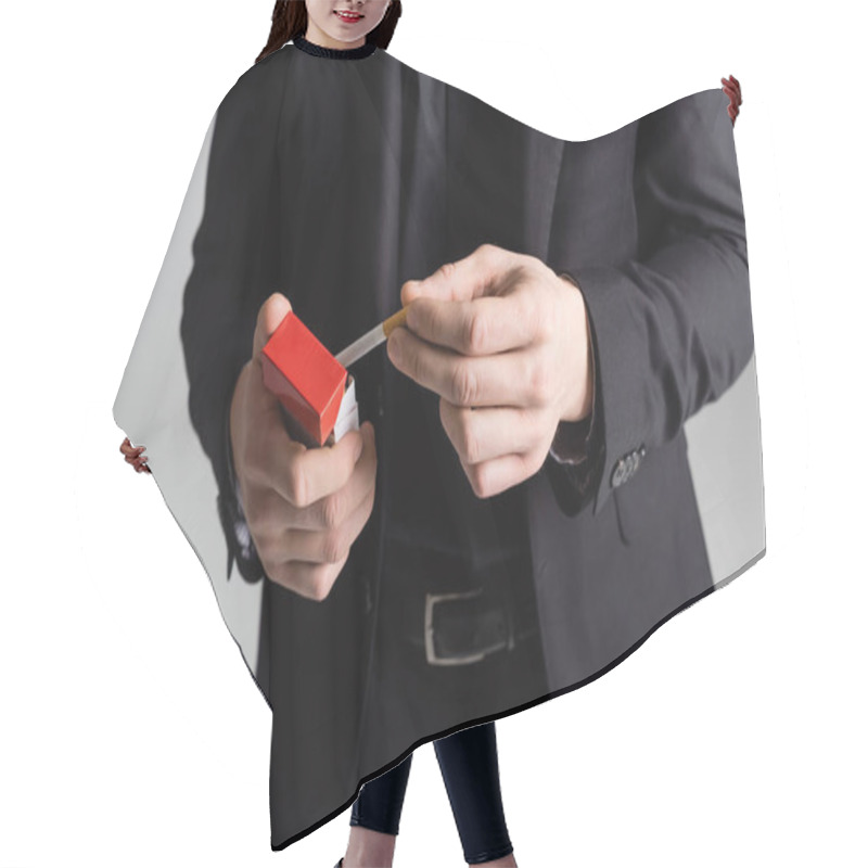 Personality  Partial View Of Man In Black Formal Wear Holding Cigarette Pack Isolated On Grey Hair Cutting Cape