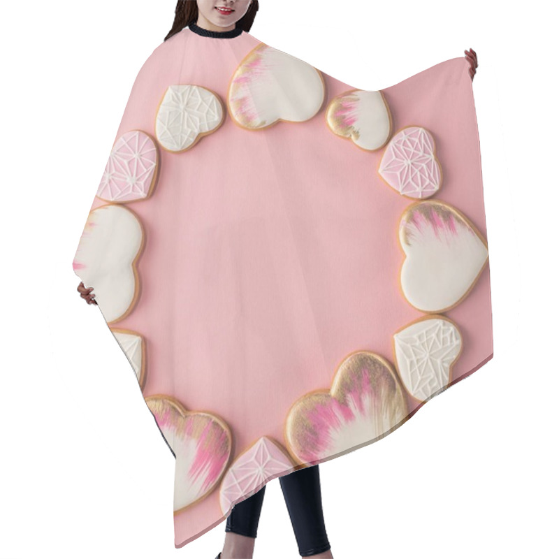 Personality  Flat Lay With Arrangement Of Glazed Heart Shaped Cookies Isolated On Pink Surface Hair Cutting Cape