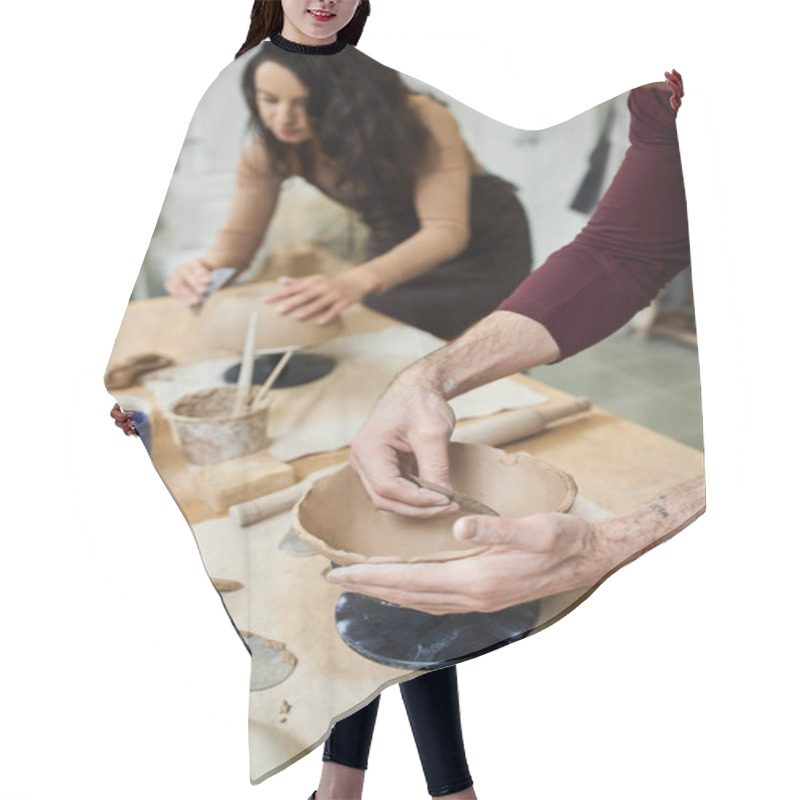 Personality  A Couple Joyfully Crafts Pottery Together In A Modern Studio. Hair Cutting Cape