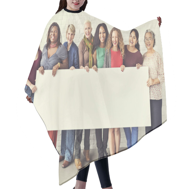 Personality  Women Holding Informational Board Hair Cutting Cape