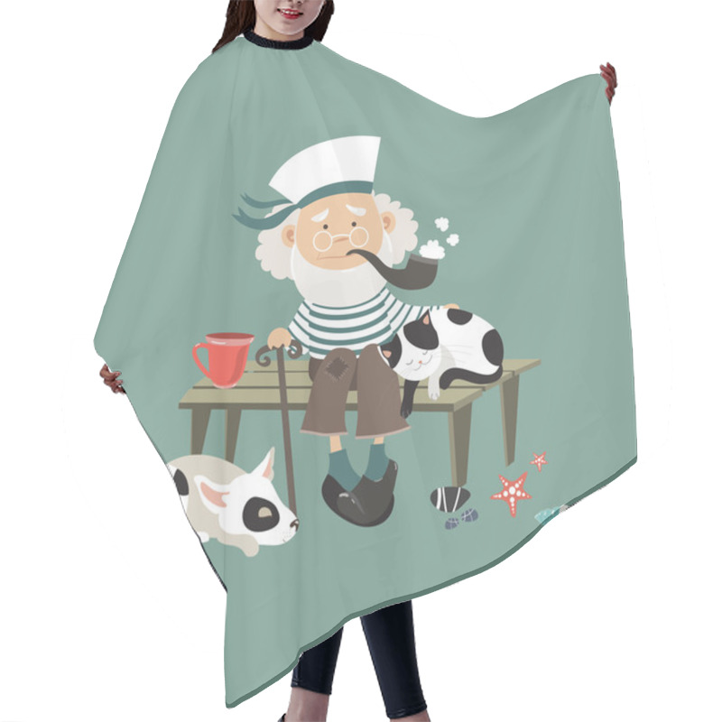 Personality  Old Sailor Sitting On Bench With Cat And Dog Hair Cutting Cape