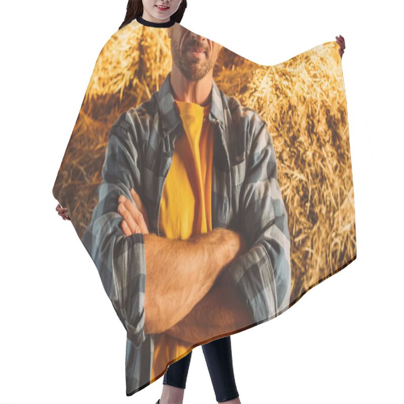 Personality  Cropped View Of Farmer In Plaid Shirt Standing With Crossed Arms Near Hay Stack On Farm Hair Cutting Cape