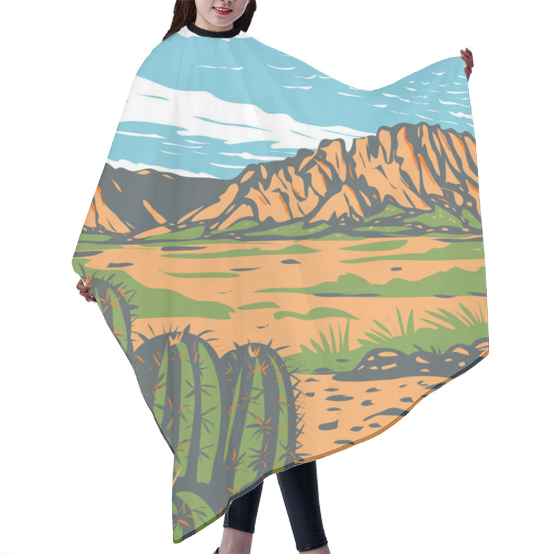 Personality  WPA Poster Art Of The Chihuahuan Desert, A Desert Covering Parts Of Big Bend National Park In Mexico And Southwestern United States Done In Works Project Or Administration Federal Art Project Style. Hair Cutting Cape