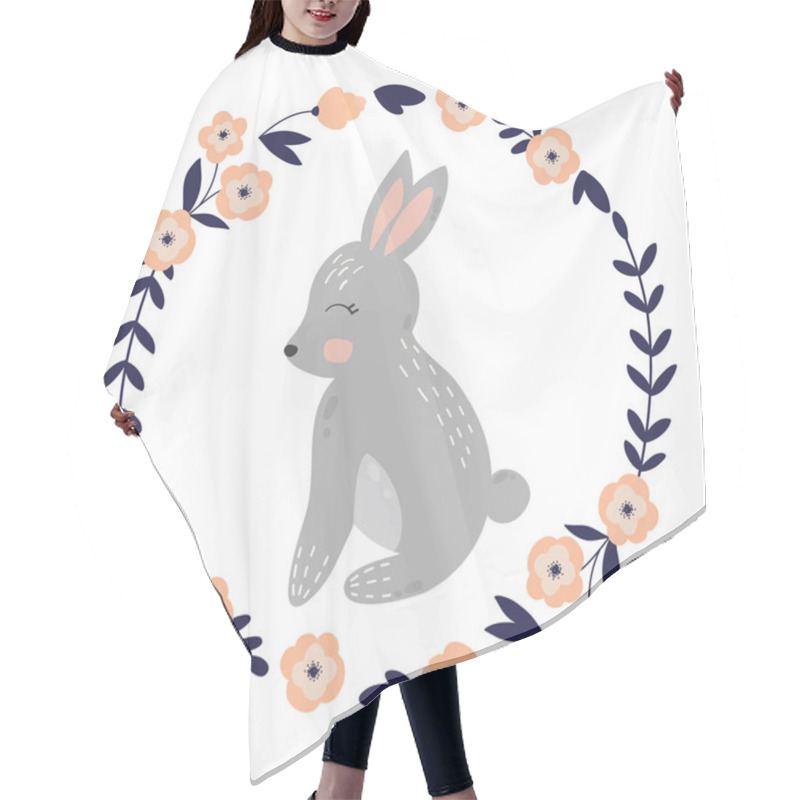 Personality   Cute Cartoon Rabbit In Floral Wreath. Flowers And Leaves, Rabbit Vector Print  For  Cards, Posters, Cards, T-shirts, Book, Textile..  Hair Cutting Cape