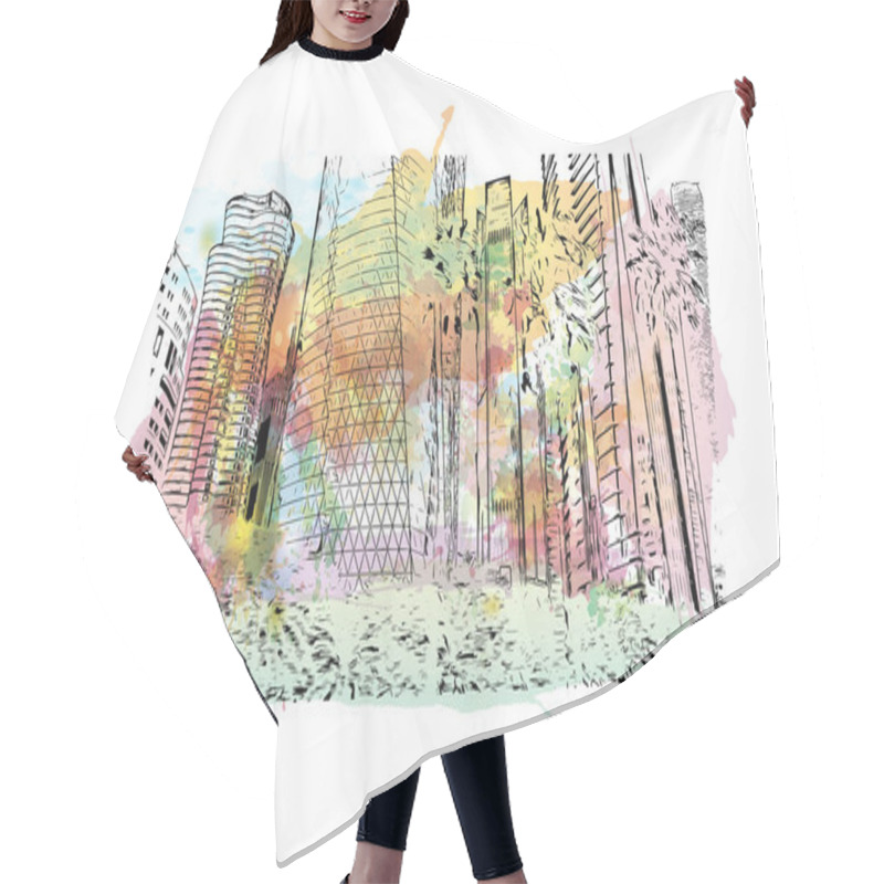 Personality  Print Building View With Landmark Of Doha Is The Capital And Most Populous City Of Qatar. Watercolour Splash With Hand Drawn Sketch Illustration In Vector. Hair Cutting Cape