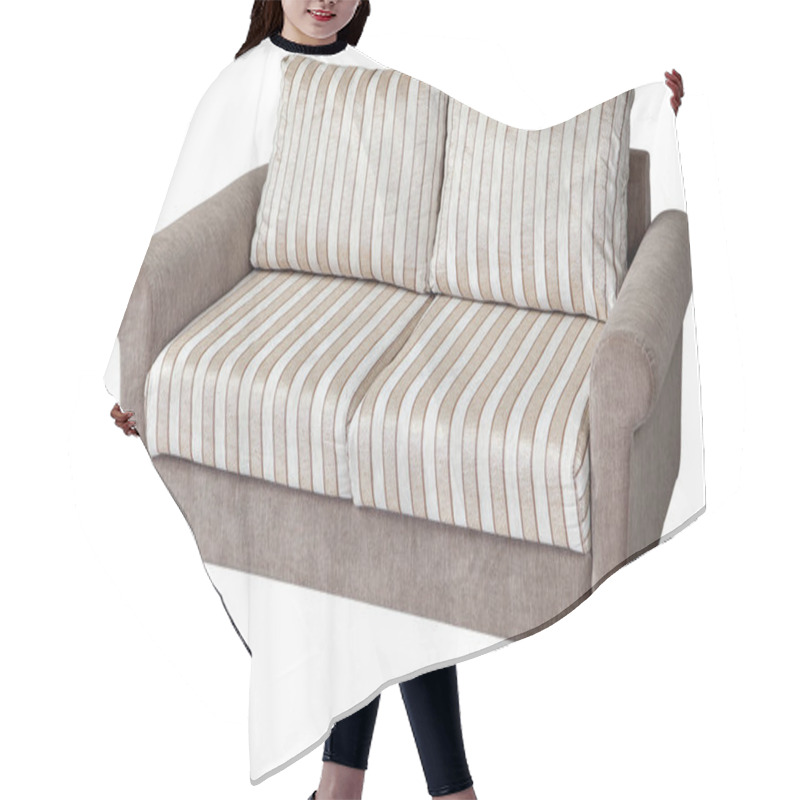 Personality  2 Seater Sofa Upholstered In Striped Fabric, Isolated On White.  Hair Cutting Cape