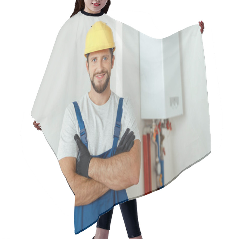 Personality  Cheerful Male Worker, Technician Servicing The House Heating System Smiling At Camera While Standing With Arms Crossed Hair Cutting Cape