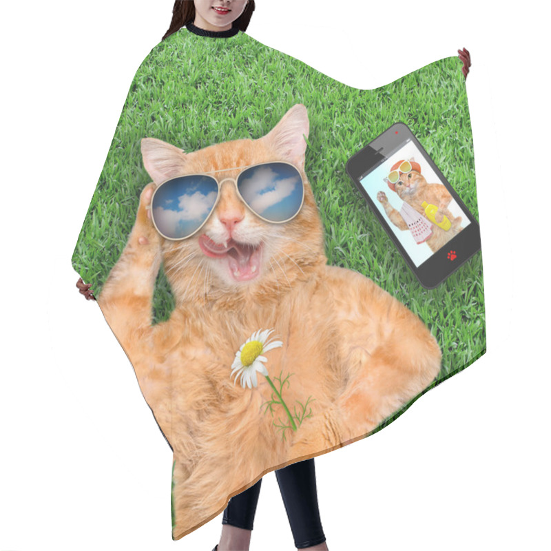 Personality  Cat Wearing Sunglasses Relaxing In The Grass. Hair Cutting Cape