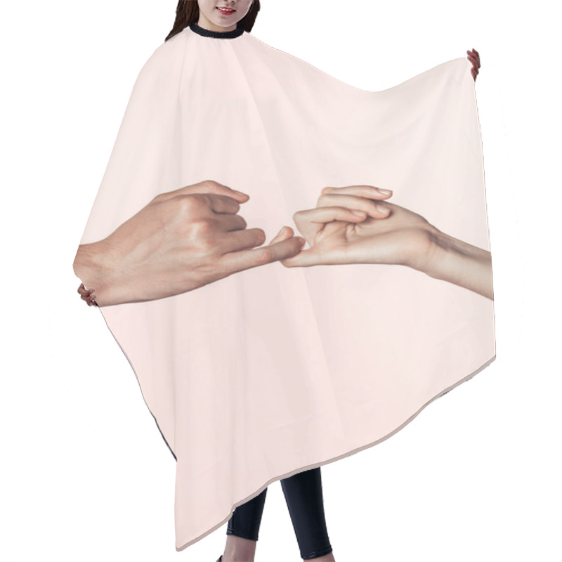 Personality  Cropped Image Of Woman And Man Crossing Little Fingers Isolated On Pink Background Hair Cutting Cape