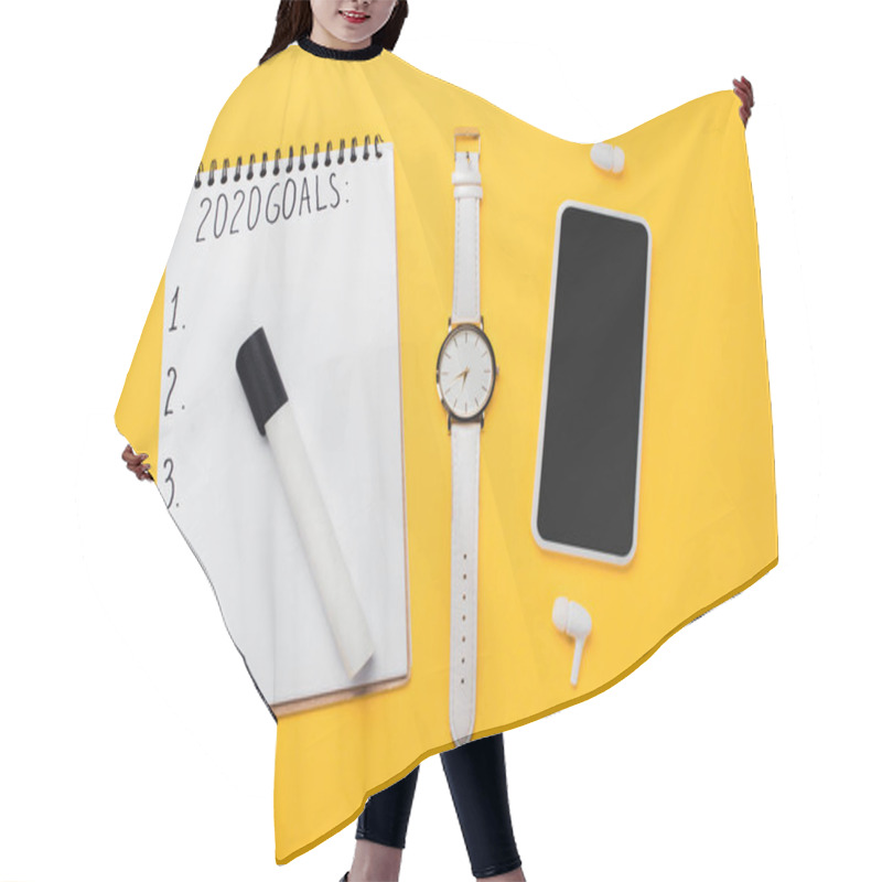 Personality  Notebook With 2020 Goals Inscription And Empty Numbered Points Near Smartphone, Wristwatch And Wireless Earphones On Yellow Surface Hair Cutting Cape