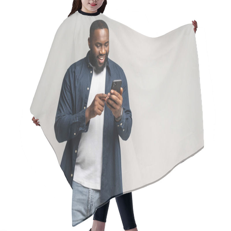 Personality  Black Guy Chatting Online, Using New Mobile App, Full Length Hair Cutting Cape