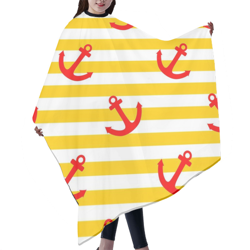 Personality  Tile Sailor Vector Pattern With Red Anchor On Yellow And White Stripes Background Hair Cutting Cape