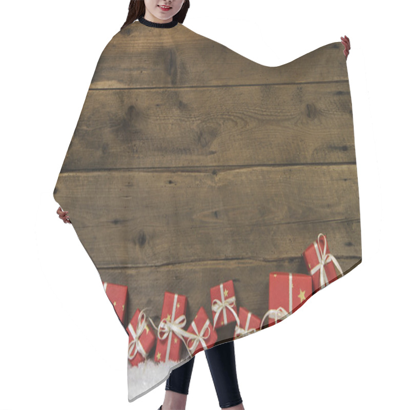 Personality  Wooden Rustic Background With Red Christmas Presents. Hair Cutting Cape