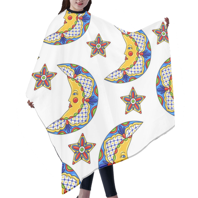 Personality  Mexican Seamless Pattern With Moons And Stars. Traditional Decorative Objects. Talavera Ornamental Ceramic. Ethnic Folk Ornament. Hair Cutting Cape