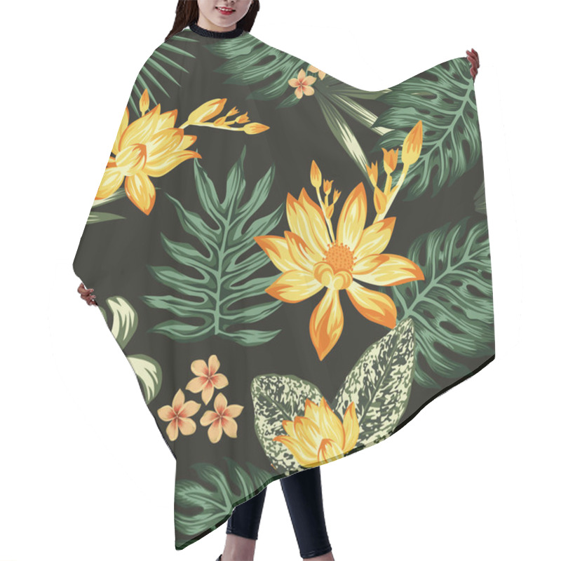 Personality  Orange Lily Flowers Green Leaves Seamless Black Background Hair Cutting Cape