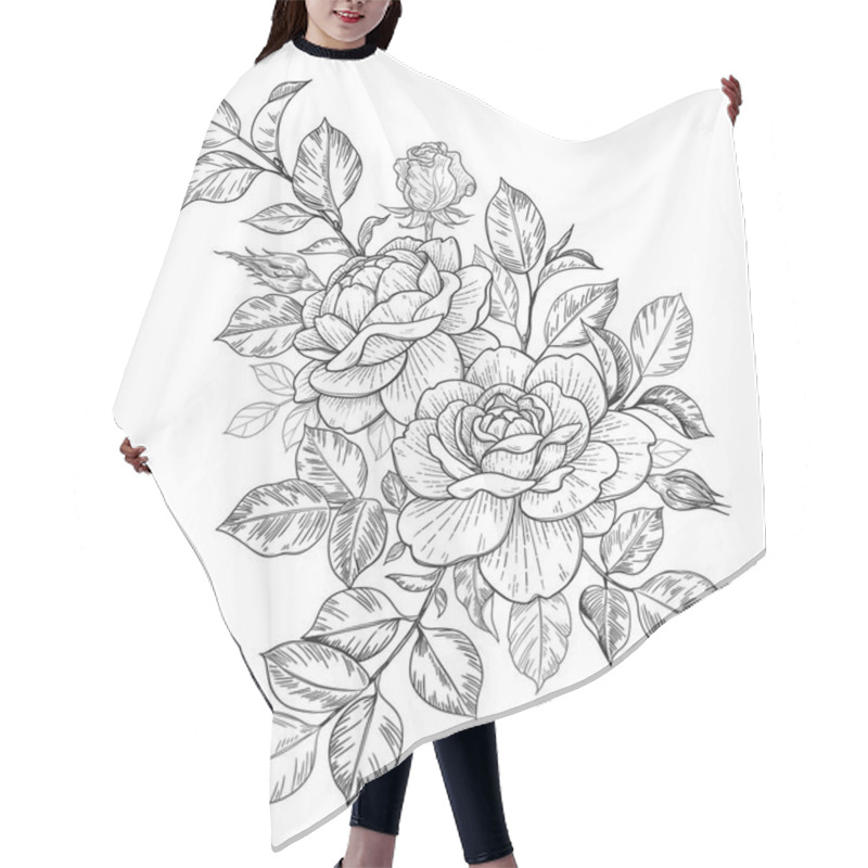 Personality  Hand Drawn Rose Flower, Buds And Leaves Bunch Isolated On White. Vector Line Art Monochrome Elegant Floral Composition In Vintage Style, T-shirt, Tattoo Design, Coloring Page, Wedding Decoration.  Hair Cutting Cape