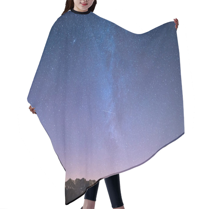 Personality  The Wonderful Starry Sky On Christmas Time And The Majestic High Mountain Range Of The Italian French Alps, With Glowing Villages Below And Moonlight. Hair Cutting Cape