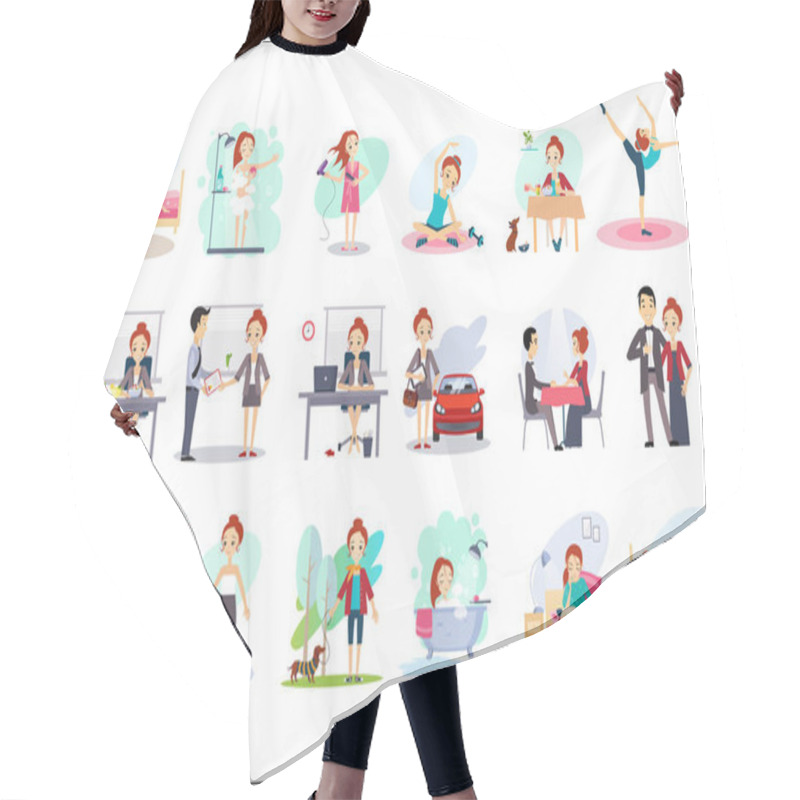 Personality  Active Day Of Happy Woman. Daily Routine. Cartoon Character Of Young Pretty Girl In Different Situations. Day Time. Home And Work. Colorful Flat Vector Design Hair Cutting Cape