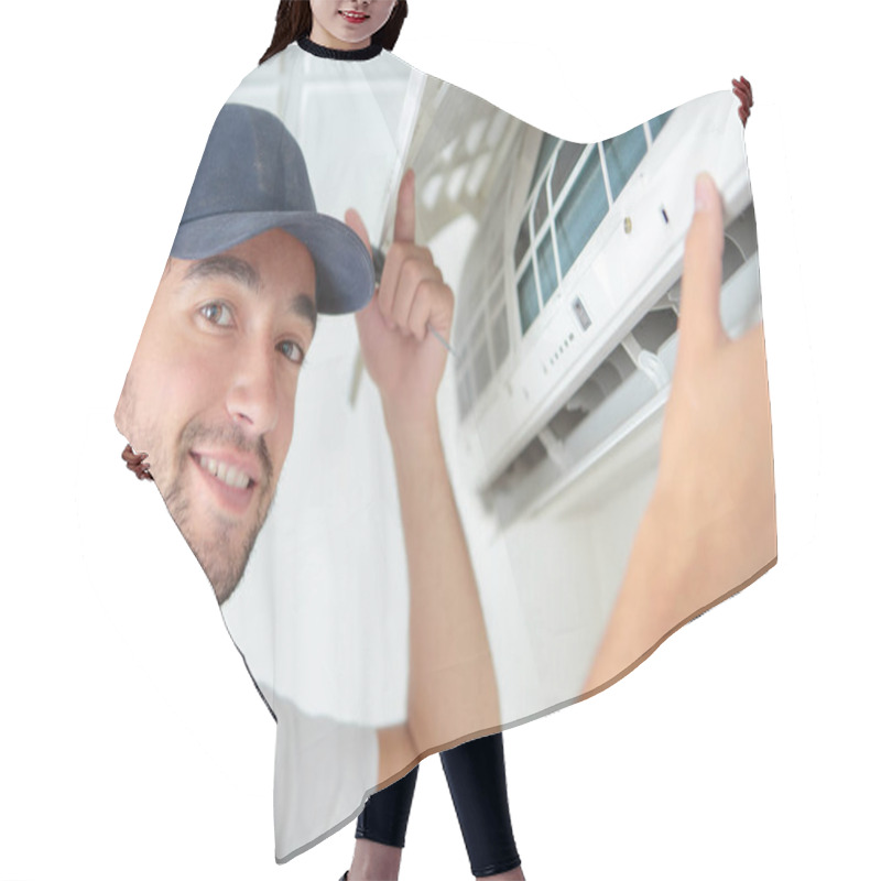 Personality  Portrait Of Air Conditioning Serviceman Hair Cutting Cape