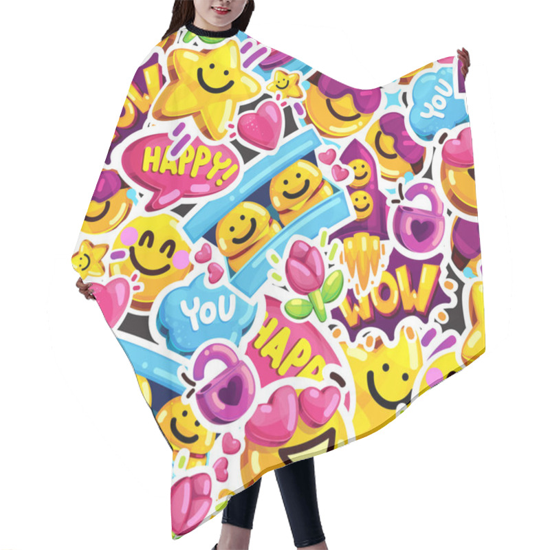 Personality  Smiley Faces Sticker Emoji Love Seamless Pattern. Cartoon Vector Youth Fun Message Background. Hair Cutting Cape