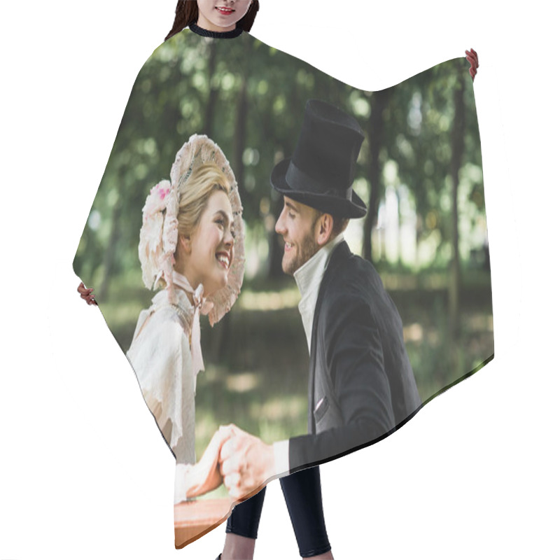 Personality  Handsome Aristocratic Man Holding Hands With Cheerful Victorian Woman In Hat  Hair Cutting Cape