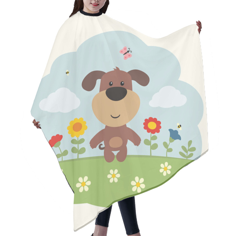 Personality  Greeting Card With Funny Cartoon Character Of Puppy On Flower Meadow With Blue Sky On Background  Hair Cutting Cape