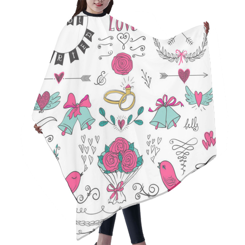 Personality  Wedding Graphic Set, Arrows, Hearts, Birds, Bells, Rings, Laurel, Wreaths, Ribbons And Labels. Hair Cutting Cape