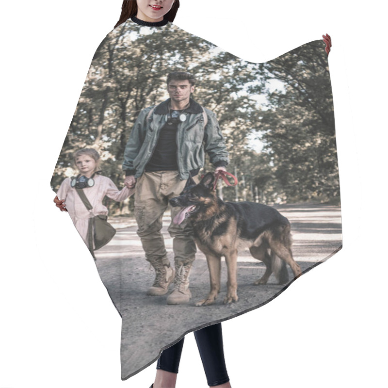 Personality  Man Holding Hands With Kid And Walking With German Shepherd Dog, Post Apocalyptic Concept  Hair Cutting Cape