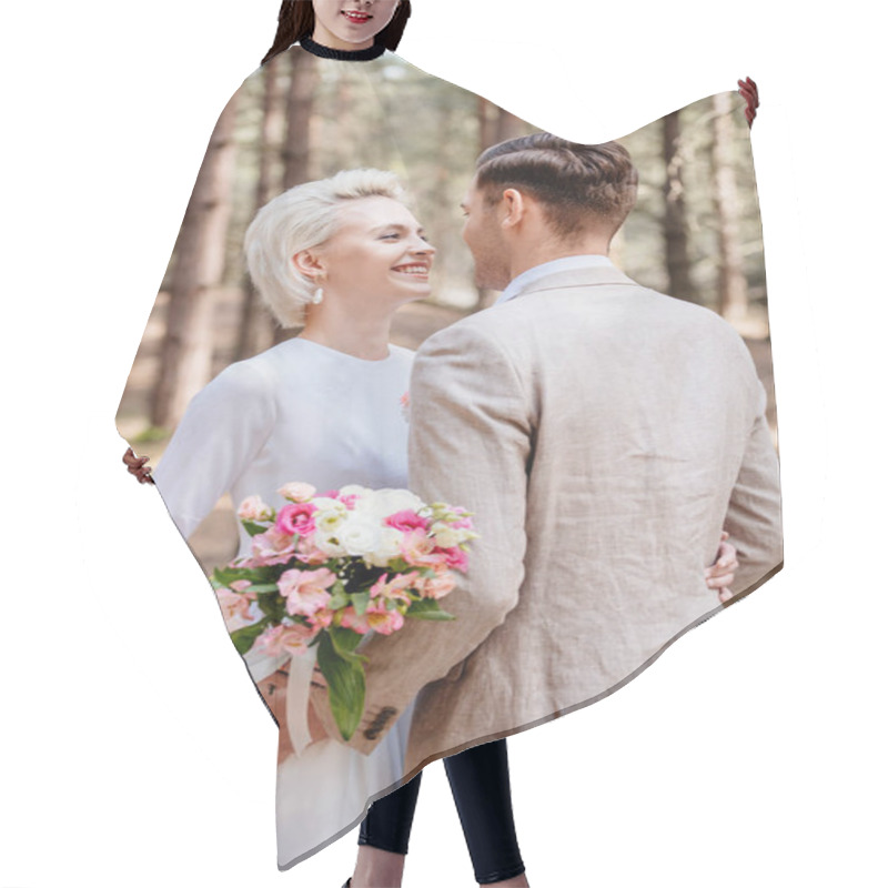 Personality  Just Married Couple In Formal Wear Embracing And Looking At Each Other In Forest Hair Cutting Cape