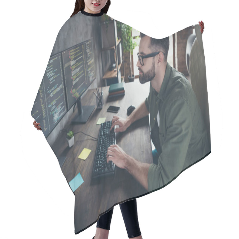 Personality  Profile Side View Portrait Of Attractive Focused Intellectual Guy Nerd Tech Support Typing Html At Work Workplace Workstation Indoors Hair Cutting Cape