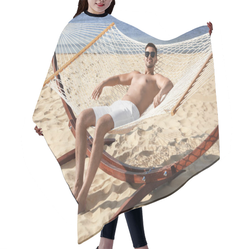 Personality  Young Man Relaxing In Hammock On Beach Hair Cutting Cape