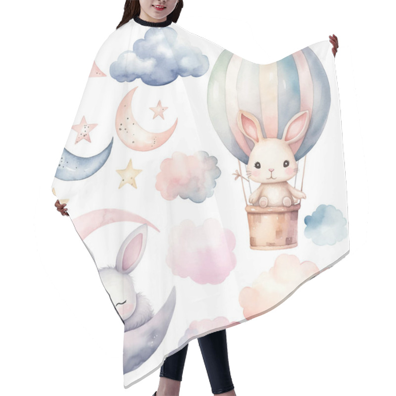 Personality  Watercolor Bunny, Sleeping Rabbit. Set Of Vector Hand Drawn Nursery Elements, Clouds, Moon, Stars, Wall Stickers. Hair Cutting Cape