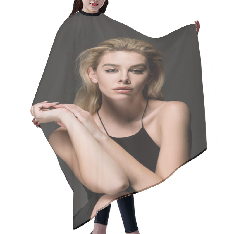 Personality  Attractive Sexy Blonde Girl In Black Dress Posing Isolated On Black Hair Cutting Cape