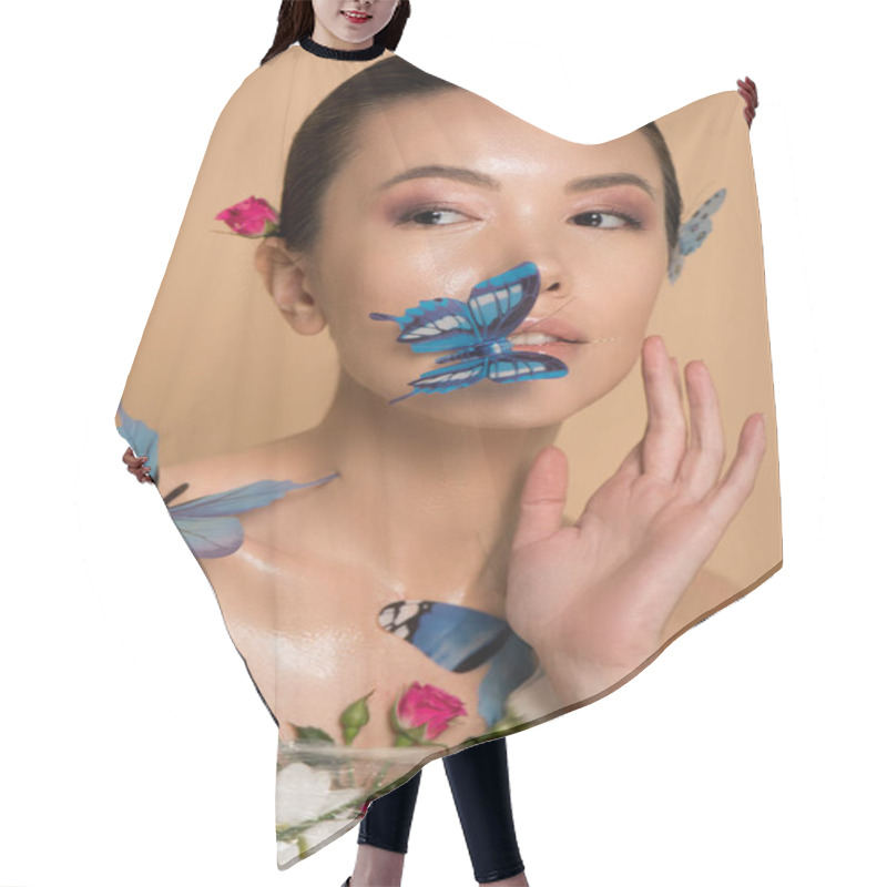 Personality  Beautiful Nude Asian Girl In Flowers With Butterflies On Body Isolated On Beige Hair Cutting Cape