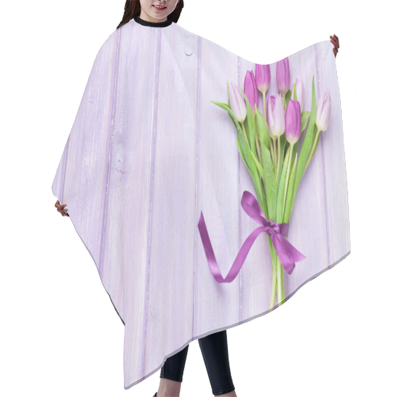 Personality  Purple Tulips Over Wooden Table Hair Cutting Cape