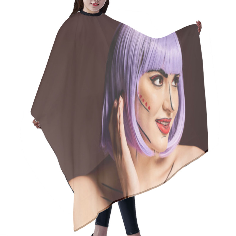 Personality  A Creative Woman With Purple Hair And Pop Art Makeup Strikes A Glamorous Pose. Hair Cutting Cape