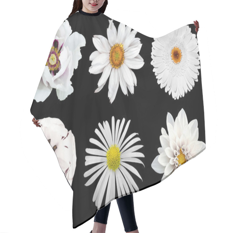 Personality  Mix Collage Of White Flowers 6 In 1 Isolated On Black Hair Cutting Cape