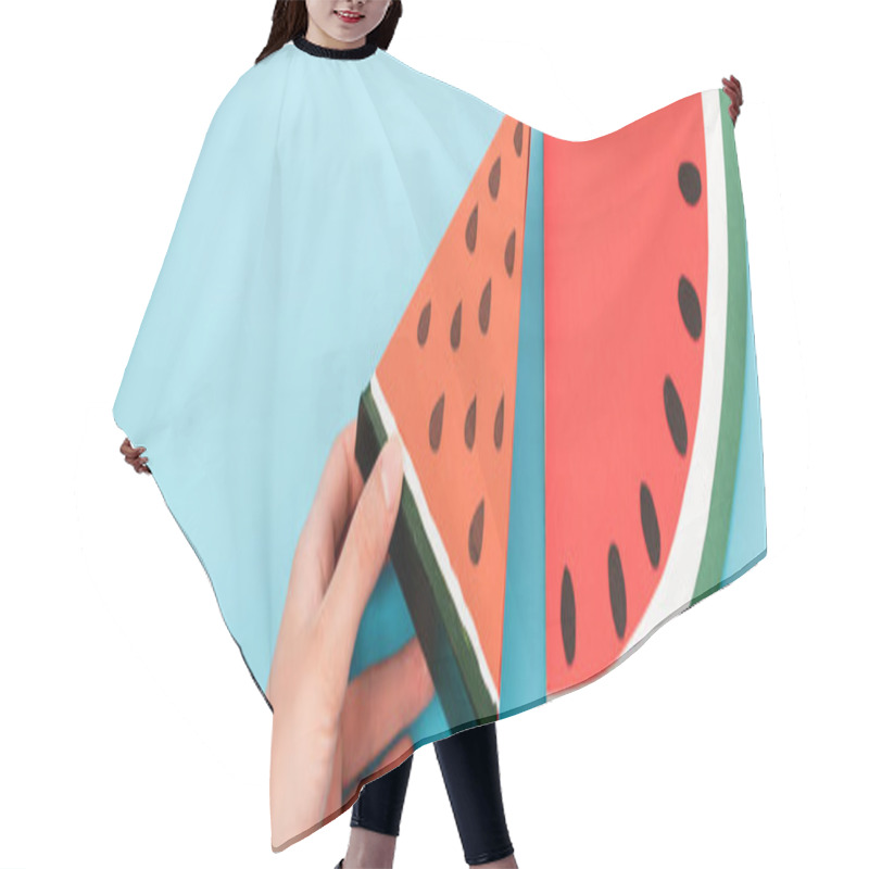 Personality  Partial View Of Female Hand With Paper Watermelon Slices On Blue Background, Panoramic Shot Hair Cutting Cape