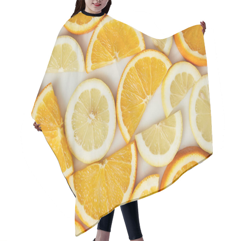 Personality  Top View Of Orange And Lemon Slices On White Background Hair Cutting Cape