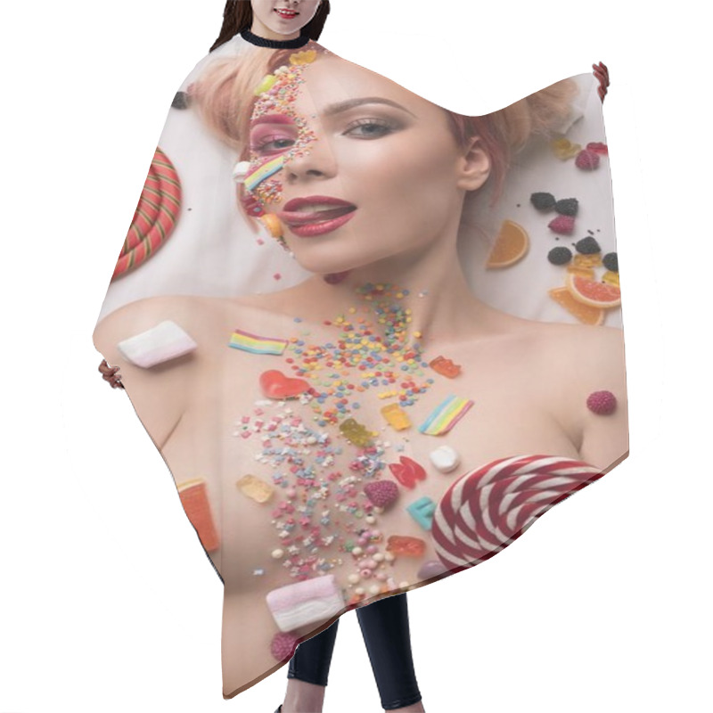 Personality  Nude Blonde Body Covered With Sweets And Caramel Hair Cutting Cape