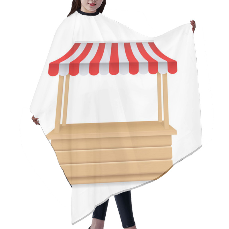 Personality  Wooden Market Stall, Fair Booth. 3d Empty Kiosk With Striped Awning, Roof. Isolated Market Booth Mockup For Food. Wooden Counter With Sunshade For Street Trading, Outdoor Retail. Vendor Stall. Hair Cutting Cape