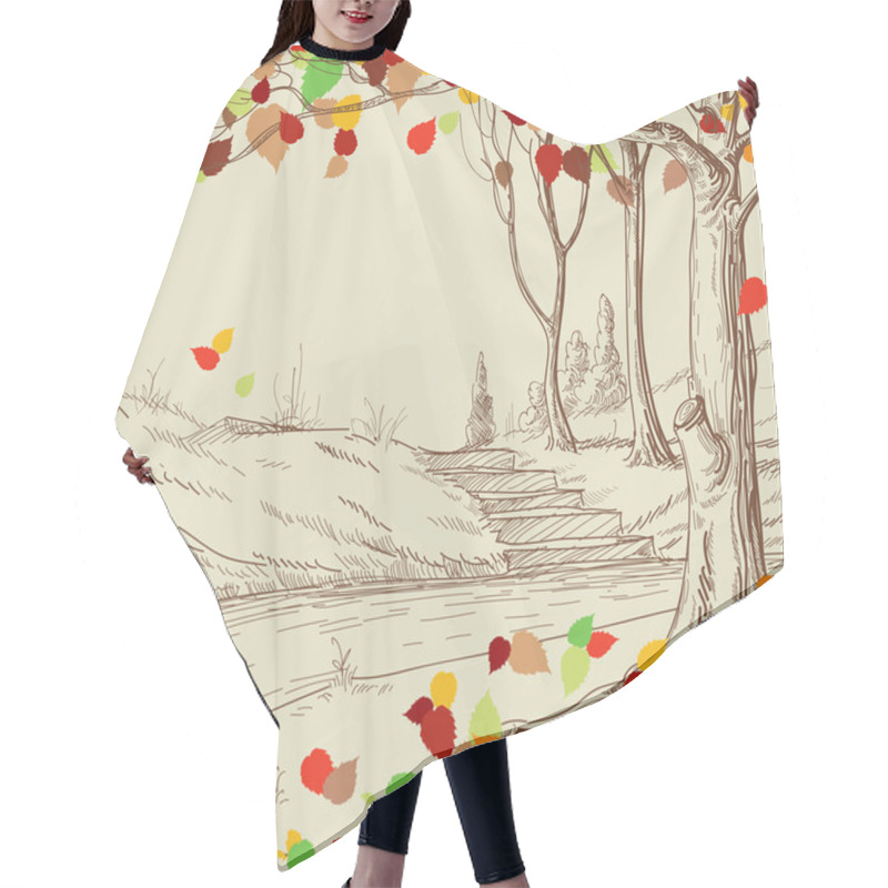 Personality  Autumn Tree In The Park Sketch, Bright Leaves Falling Hair Cutting Cape