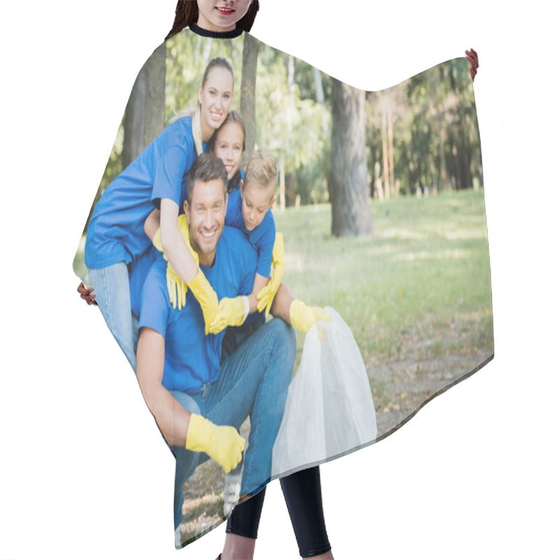 Personality  Cheerful Family Embracing Father Holding Recycled Bag In Forest, Ecology Concept Hair Cutting Cape