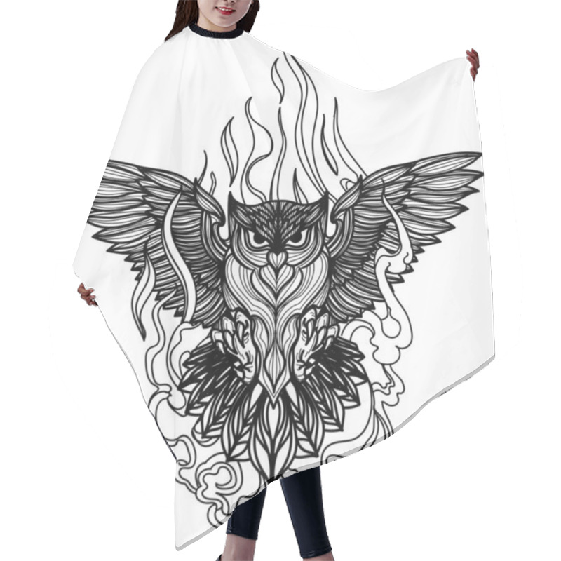 Personality  Tattoo Art Owl Fly Hand Drawing Sketch Black And White Hair Cutting Cape