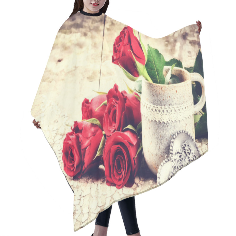 Personality  Valentine's Setting With Bouquet Of Red Roses Hair Cutting Cape