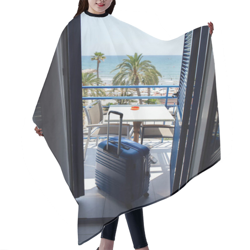 Personality  Suitcase On Balcony With Palm Trees And Seascape At Background In Catalonia, Spain  Hair Cutting Cape