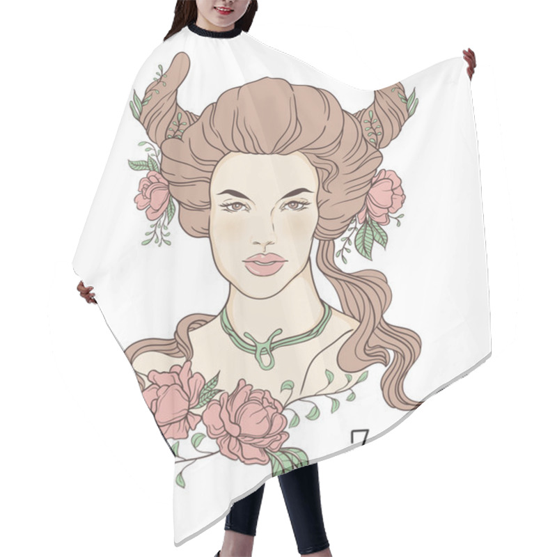 Personality  Zodiac. Vector Illustration Of Taurus As Girl With Flowers. Hair Cutting Cape