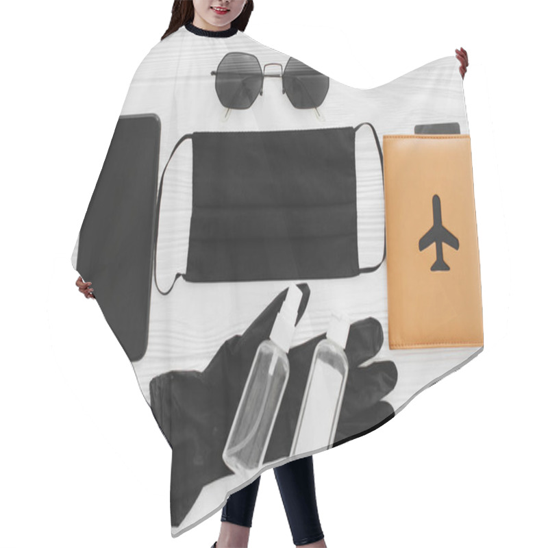 Personality  Safe Travel In Summer 2020. Black Face Mask, Gloves, Antiseptic And Disinfectant, Passport, Sunglasses And Phone On White Background Flat Lay.  Coronavirus Vacation, New Normal Hair Cutting Cape