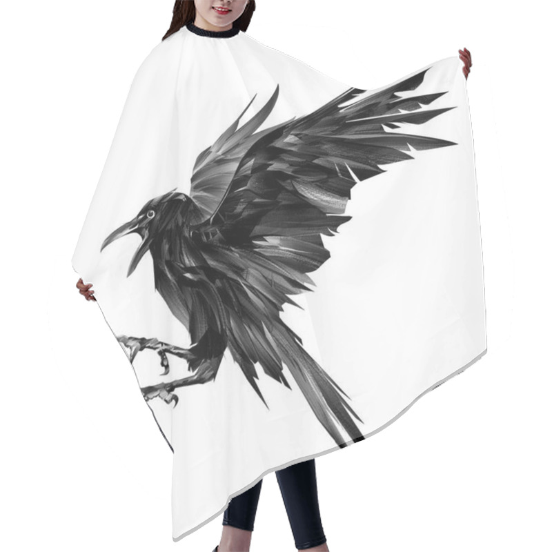 Personality  Drawn Black Raven In Flight On A White Background Hair Cutting Cape